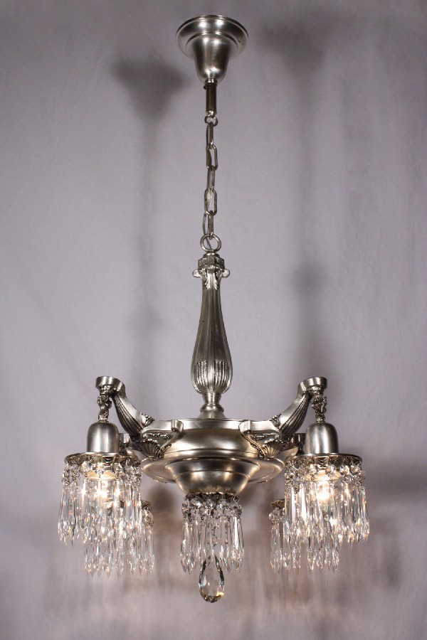 SOLD Spectacular Antique Neoclassical Four-Light Silver Plated Chandelier with Prisms, c. 1910-17639