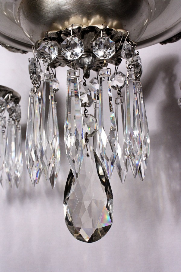 SOLD Spectacular Antique Neoclassical Four-Light Silver Plated Chandelier with Prisms, c. 1910-17641