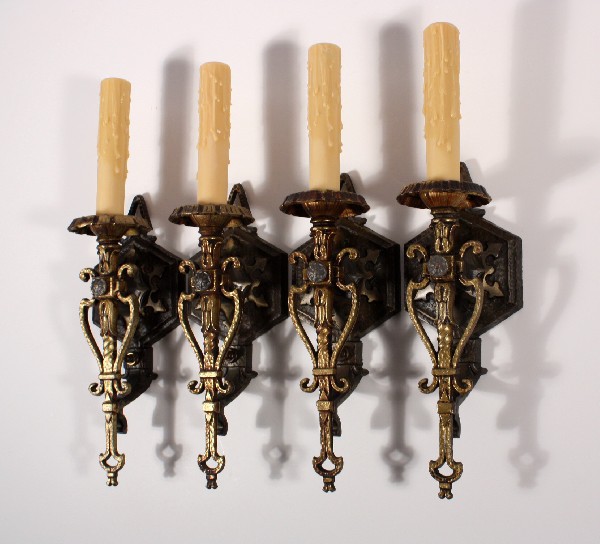 SOLD Splendid Set of Four Spanish Revival Antique Single-Arm Sconces, Iron & Brass-0