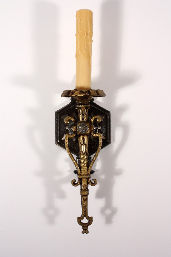 SOLD Splendid Set of Four Spanish Revival Antique Single-Arm Sconces, Iron & Brass-18364