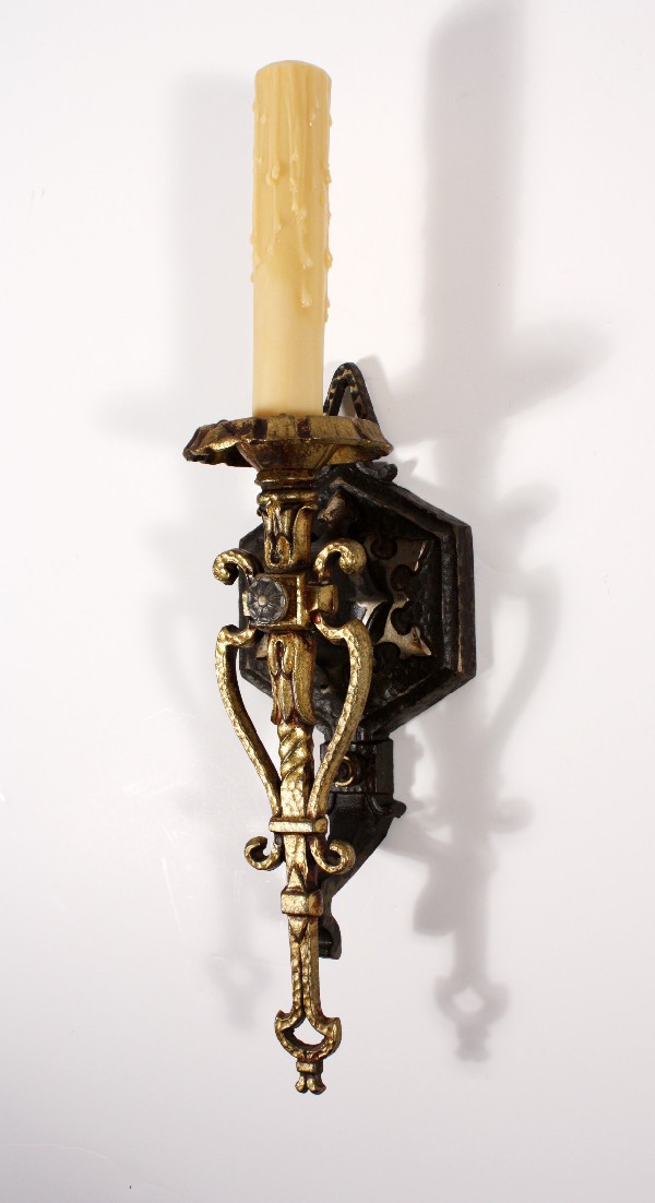 SOLD Splendid Set of Four Spanish Revival Antique Single-Arm Sconces, Iron & Brass-18368