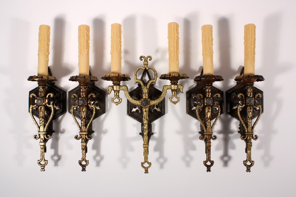 SOLD Splendid Set of Four Spanish Revival Antique Single-Arm Sconces, Iron & Brass-18370