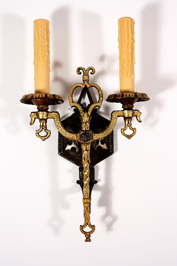 SOLD Magnificent Antique Spanish Revival Double-Arm Sconce, Iron & Brass-0