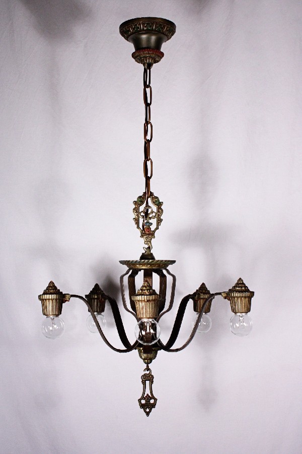 SOLD Wonderful Antique Five-Light Chandelier, Signed Riddle Co., Original Polychrome Finish-18404