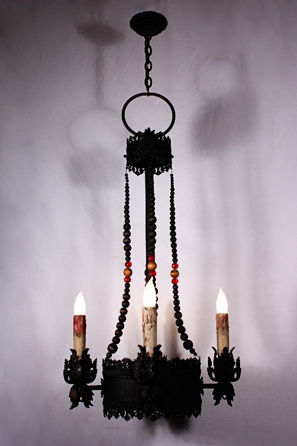 SOLD Amazing Vintage Four-Light Beaded Chandelier with Red Accents-0