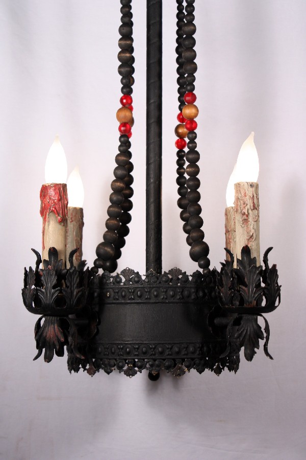SOLD Amazing Vintage Four-Light Beaded Chandelier with Red Accents-18433