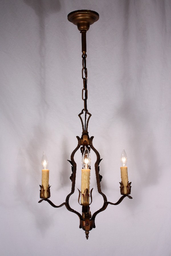 SOLD Marvelous Antique Three-Light Iron Chandelier, Original Polychrome Finish-18454