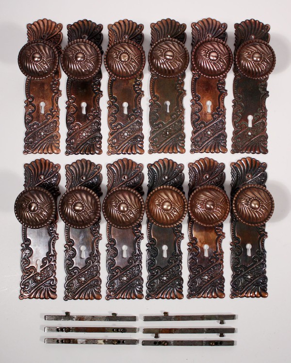 SOLD Six Antique Corbin Roanoke Bronze Door Knob Sets & Matching Plates-0