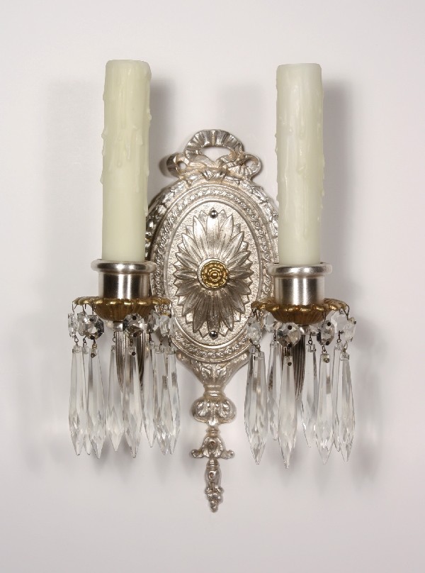 SOLD Stunning Pair of Antique Silver Plated Sconces with Prisms & Brass Accents-18537