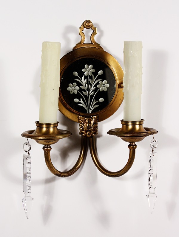 SOLD Gorgeous Pair of Antique Georgian Mirrored Sconces, Brass with Crystal-18545