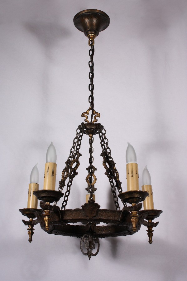SOLD Handsome Antique Five-Light Tudor Chandelier, Cast Iron-18560