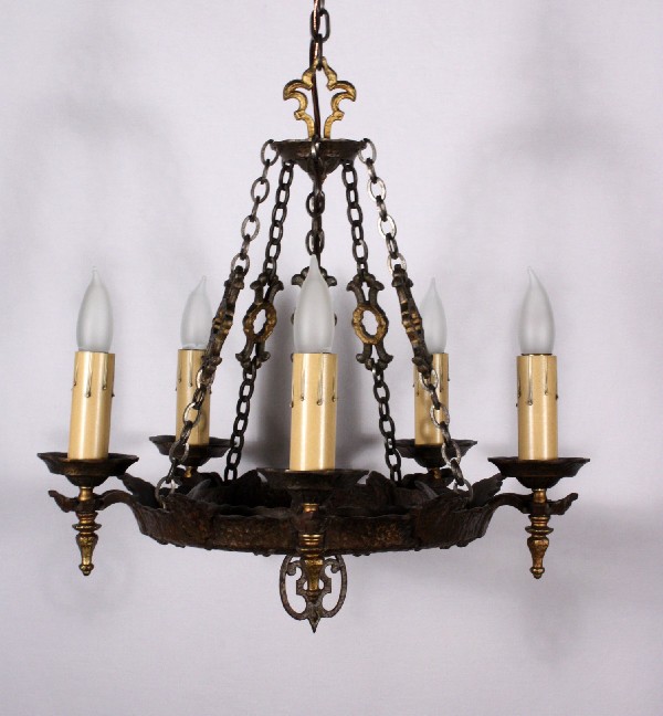 SOLD Handsome Antique Five-Light Tudor Chandelier, Cast Iron-18565