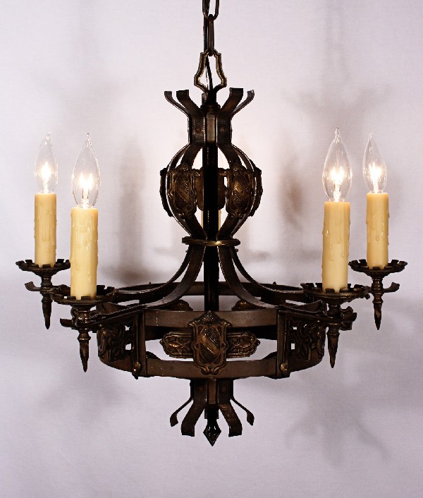 SOLD Striking Antique Five-Light English Tudor Chandelier, Iron & Brass-0