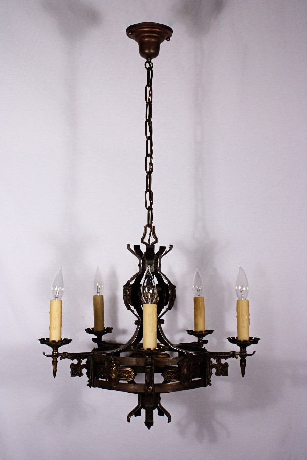SOLD Striking Antique Five-Light English Tudor Chandelier, Iron & Brass-18568