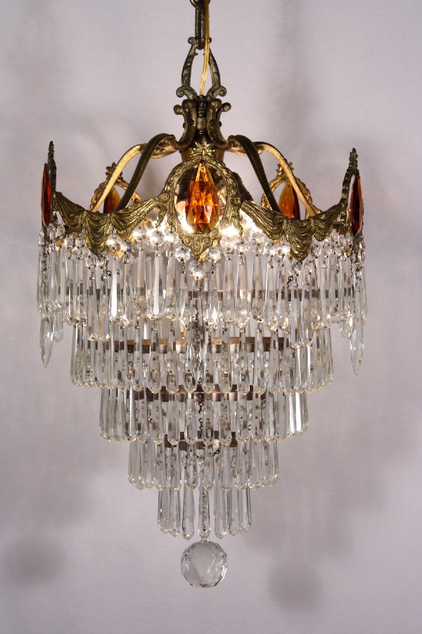 SOLD Stunning Antique Five-Tier Chandelier with Unusual Crystal Prisms, c. 1910-0