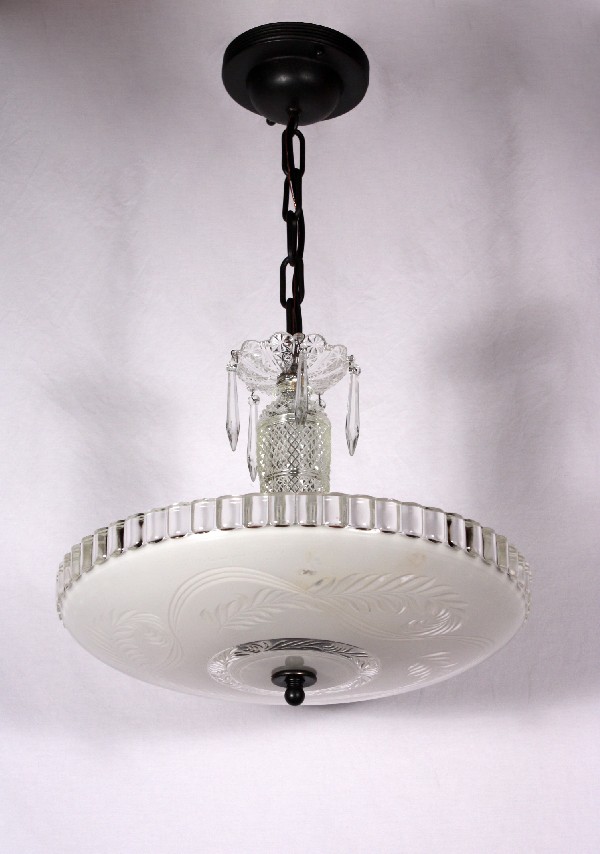 SOLD Beautiful Antique Three-Light Pendant with Prisms & Feather Design, c. 1940’s-0