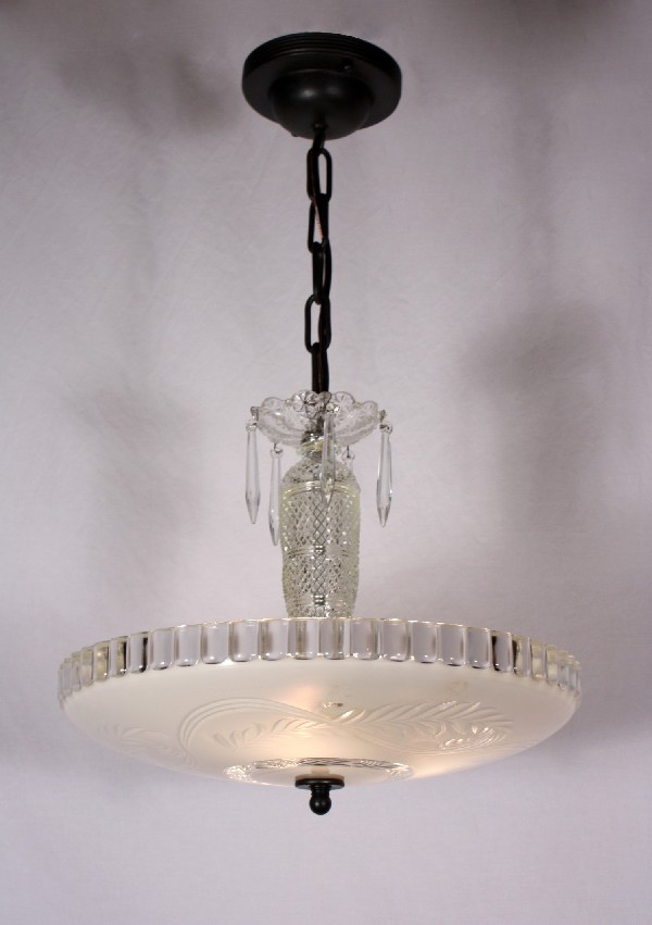 SOLD Beautiful Antique Three-Light Pendant with Prisms & Feather Design, c. 1940’s-18606