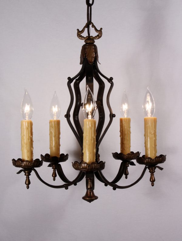 SOLD Beautiful Antique Five-Light Neoclassical Chandelier, Iron & Brass-0