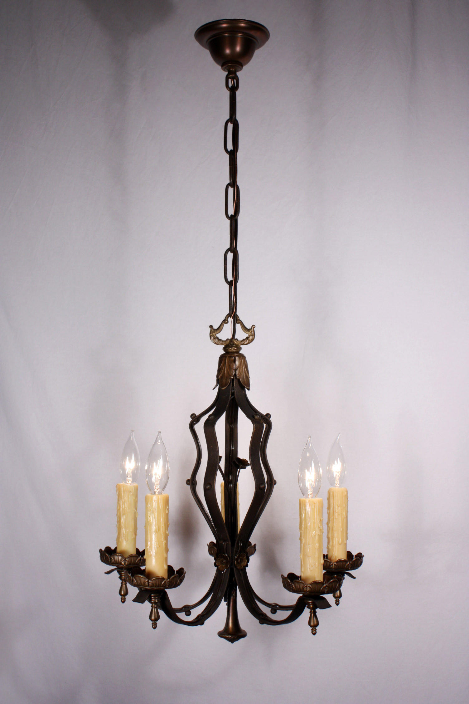 SOLD Beautiful Antique Five-Light Neoclassical Chandelier, Iron & Brass-18654