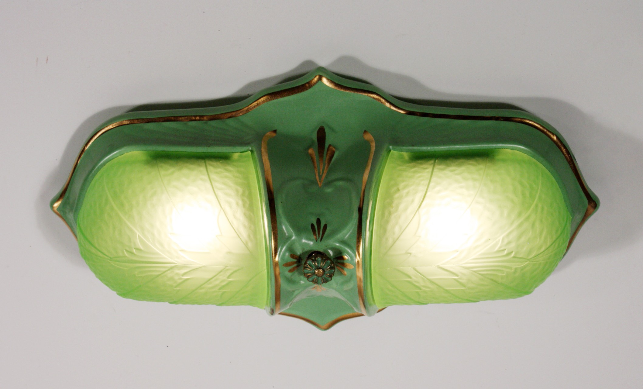 SOLD Unusual Green Antique Art Deco Slip Shade Light Fixture, Flush-Mount, Porcelain-18668