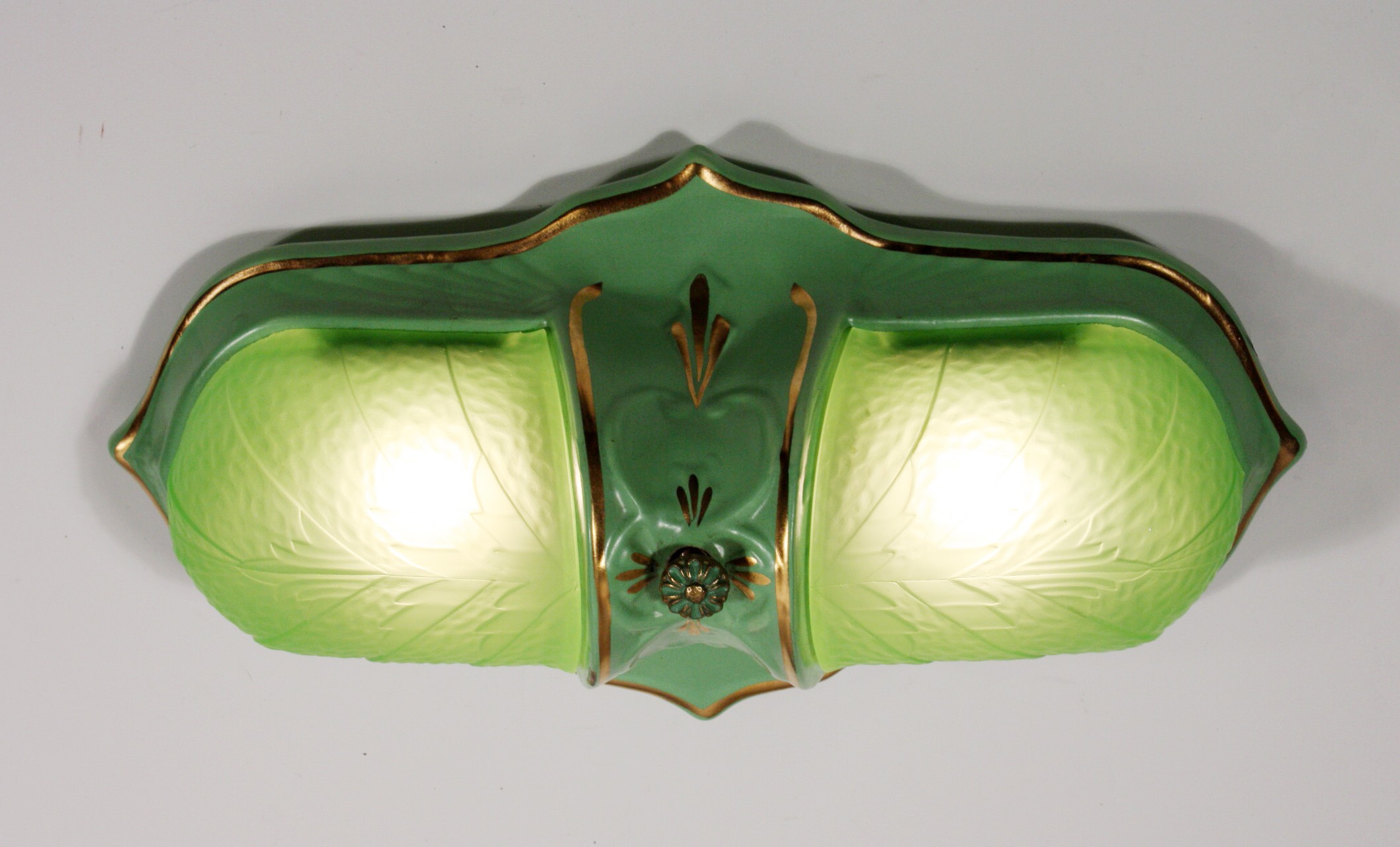 SOLD Unusual Green Antique Art Deco Slip Shade Light Fixture, Flush-Mount, Porcelain-18668
