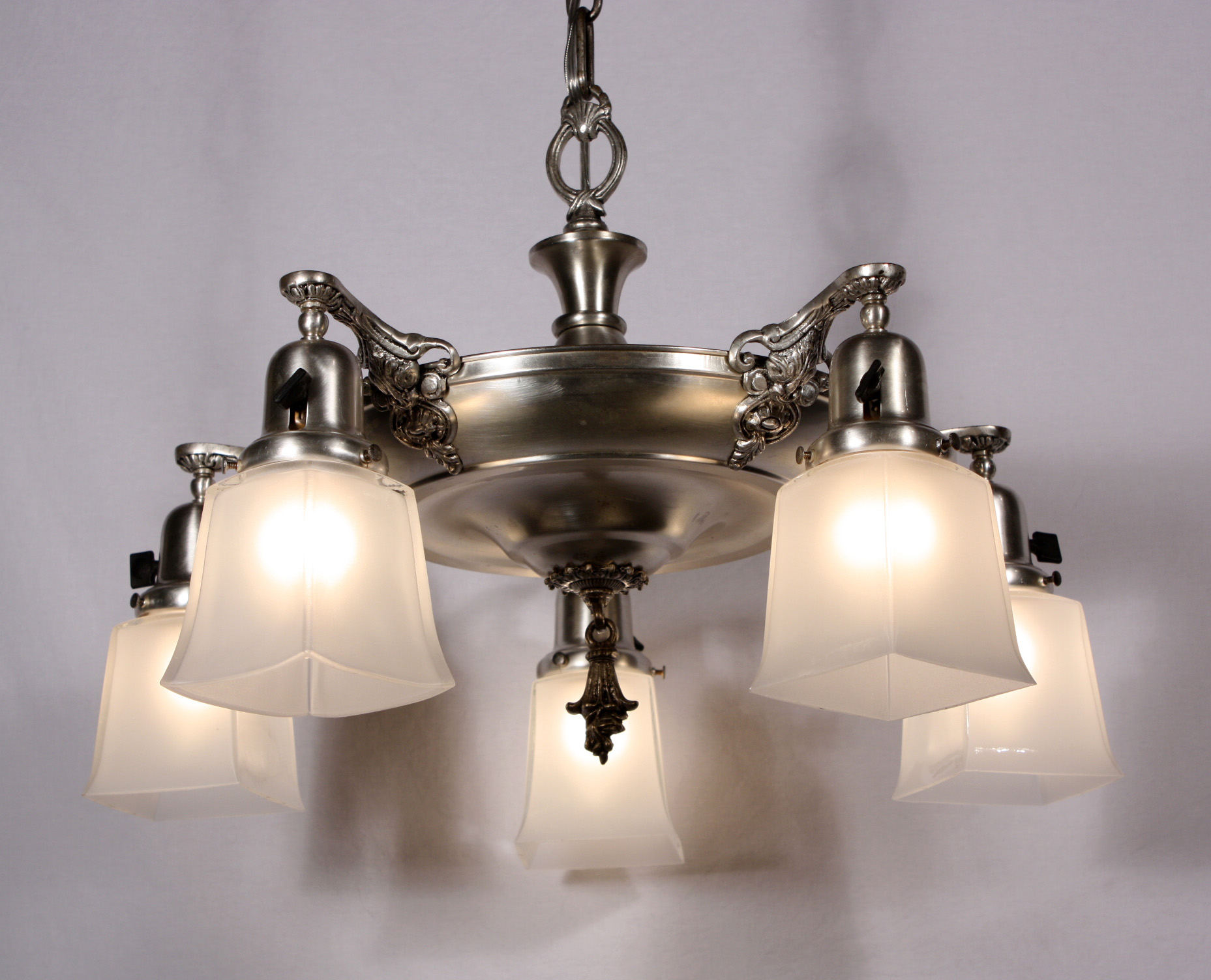 SOLD Marvelous Antique Five-Arm Silver Plated Chandelier, Pan Fixture-18723