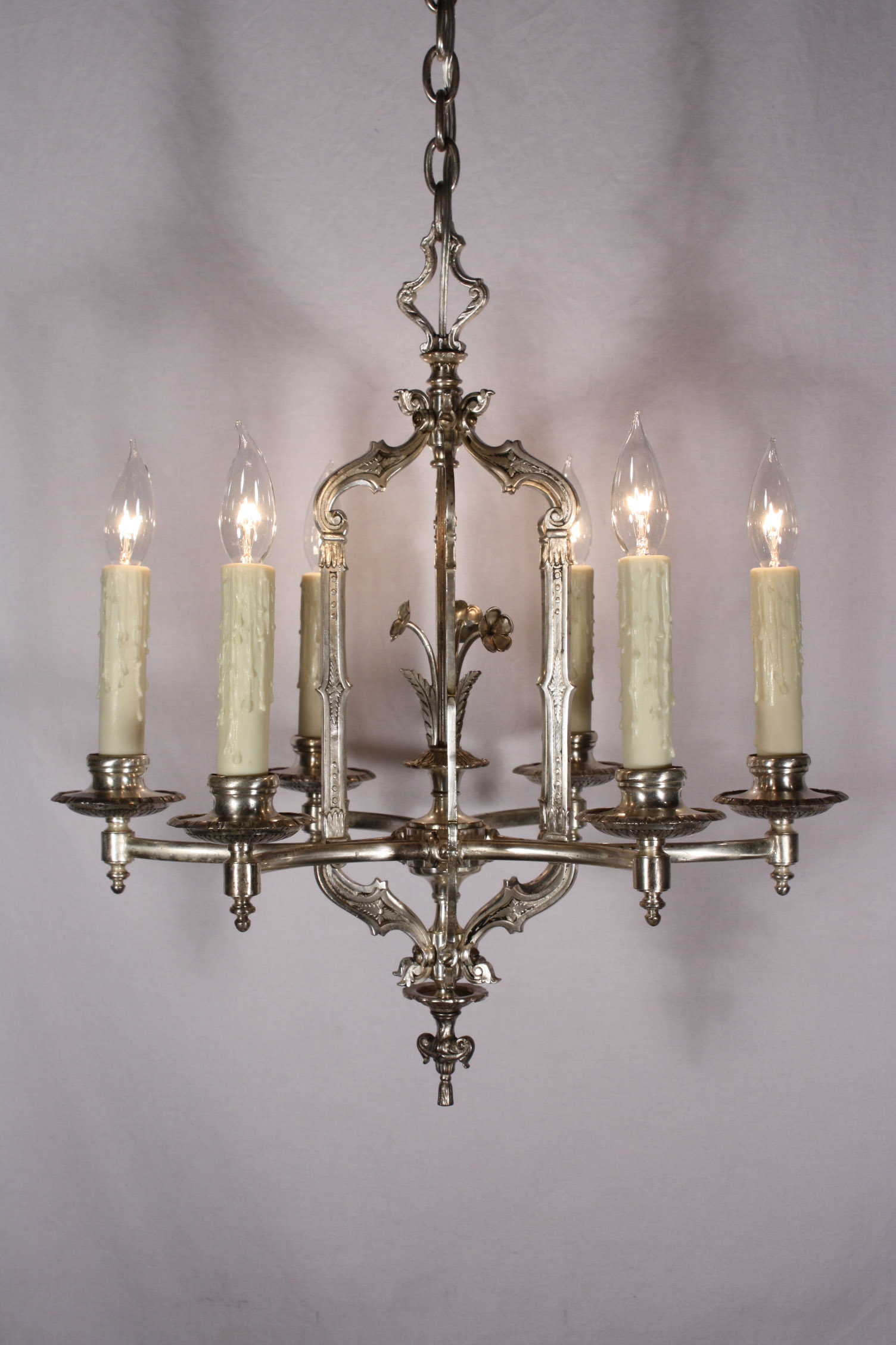 SOLD Spectacular Antique Georgian Six-Light Silver Plated Chandelier, Signed Lion Co. -0