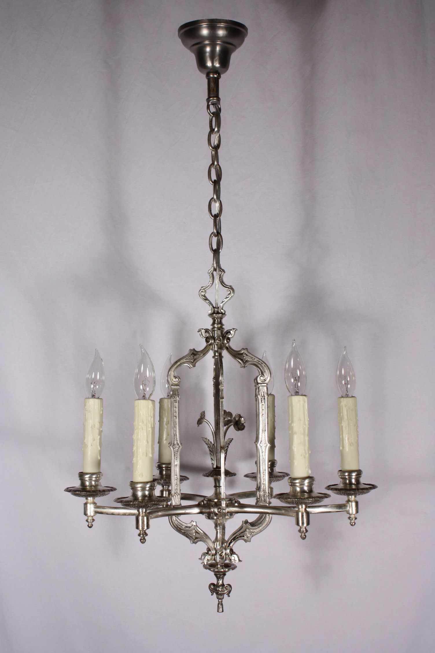 SOLD Spectacular Antique Georgian Six-Light Silver Plated Chandelier, Signed Lion Co. -18738