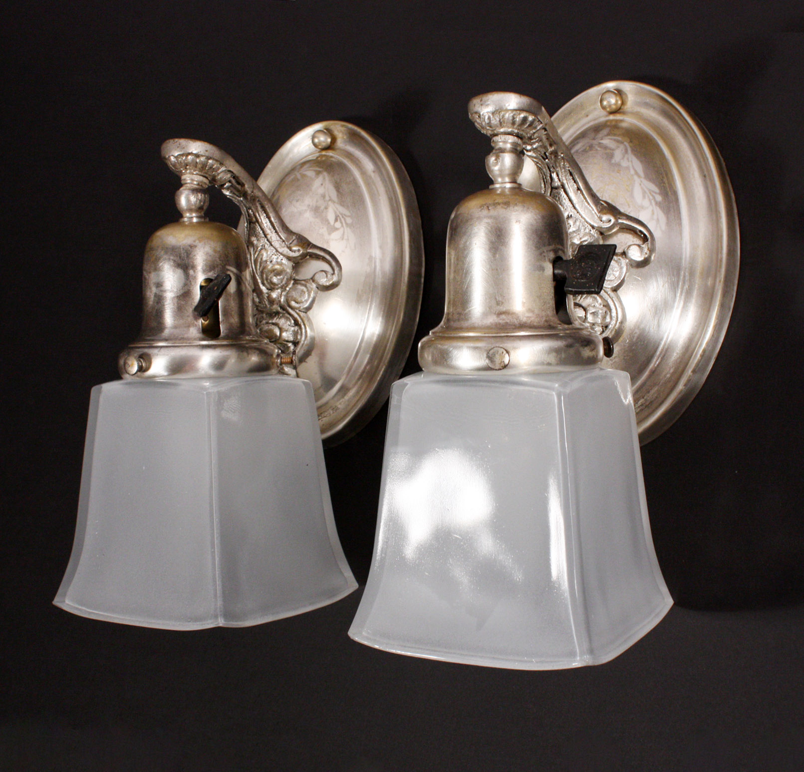 SOLD Beautiful Pair of Antique Single-Arm Sconces, Silver Plate, c. 1910-0