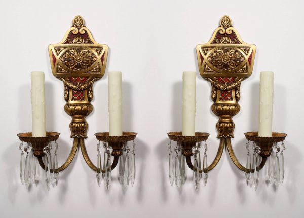 SOLD Outstanding Pair of Antique Georgian Double-Arm Sconces with Prisms, Original Red Polychrome Finish-0