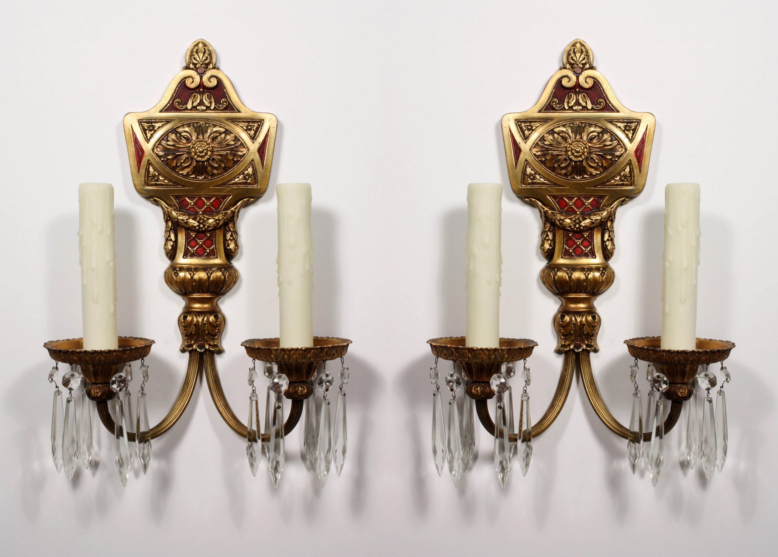 SOLD Outstanding Pair of Antique Georgian Double-Arm Sconces with Prisms, Original Red Polychrome Finish-0