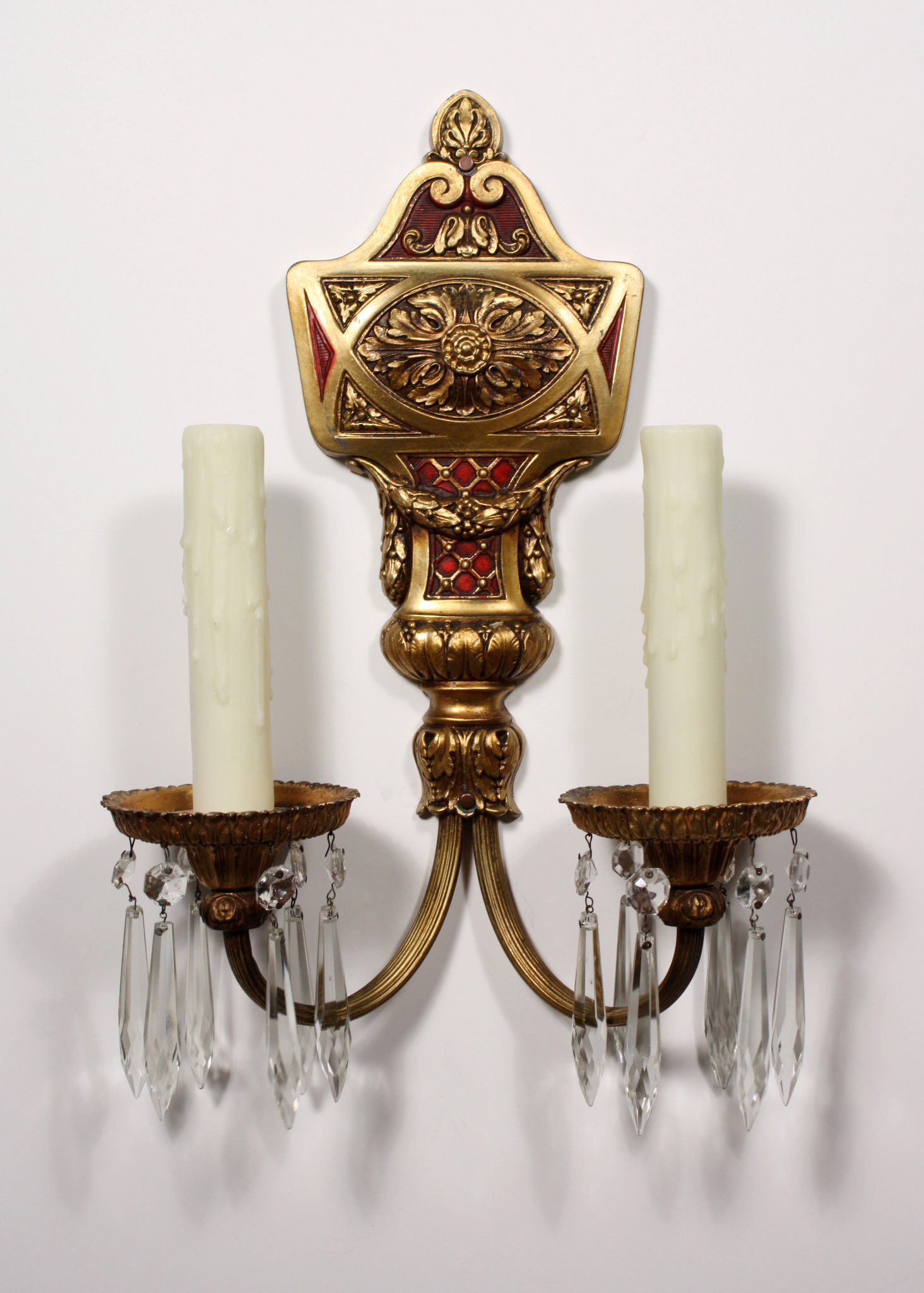 SOLD Outstanding Pair of Antique Georgian Double-Arm Sconces with Prisms, Original Red Polychrome Finish-18704