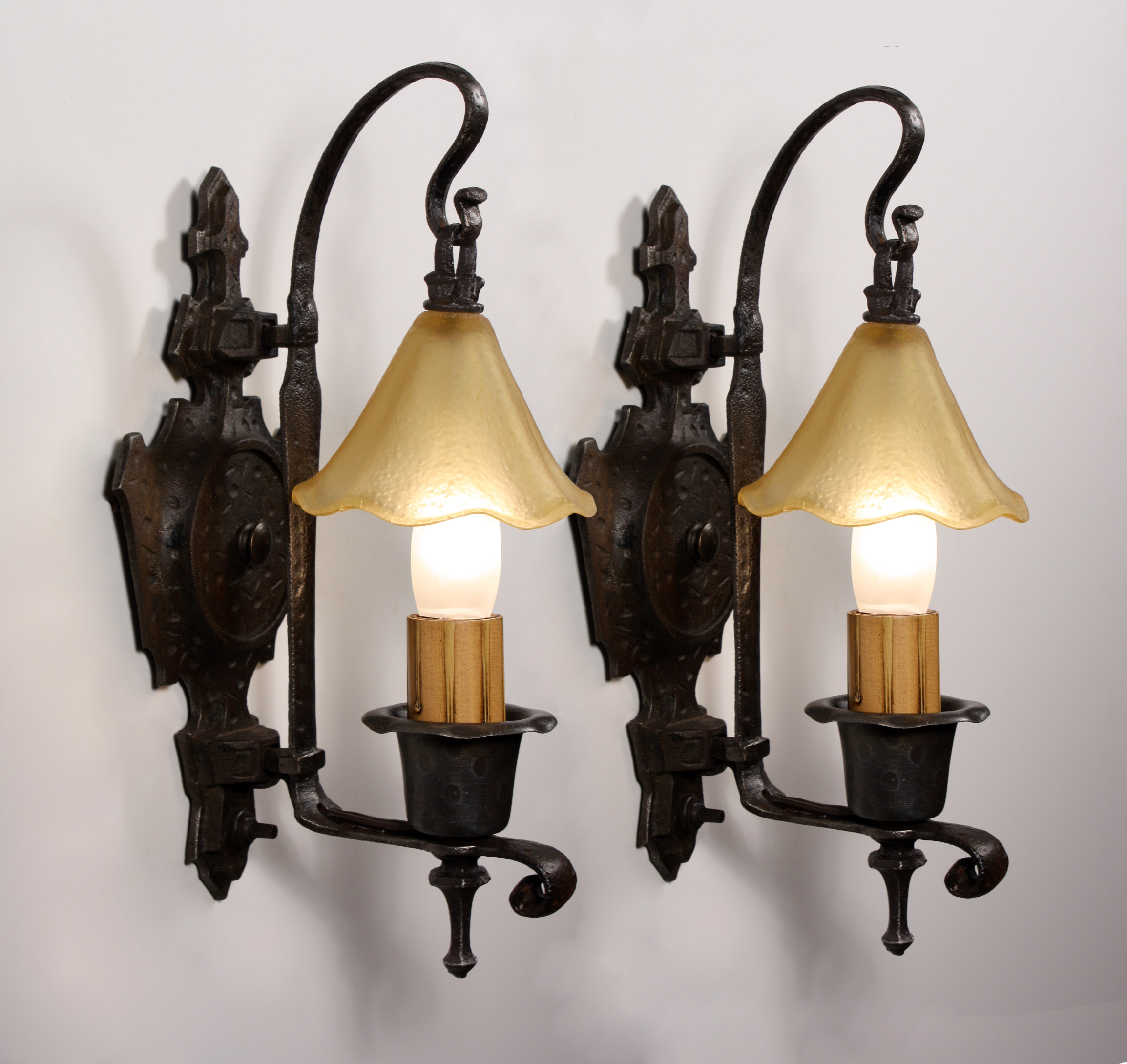 SOLD Remarkable Pair of Antique Single-Arm Cast Iron Sconces with Original Snuffer Shades-0