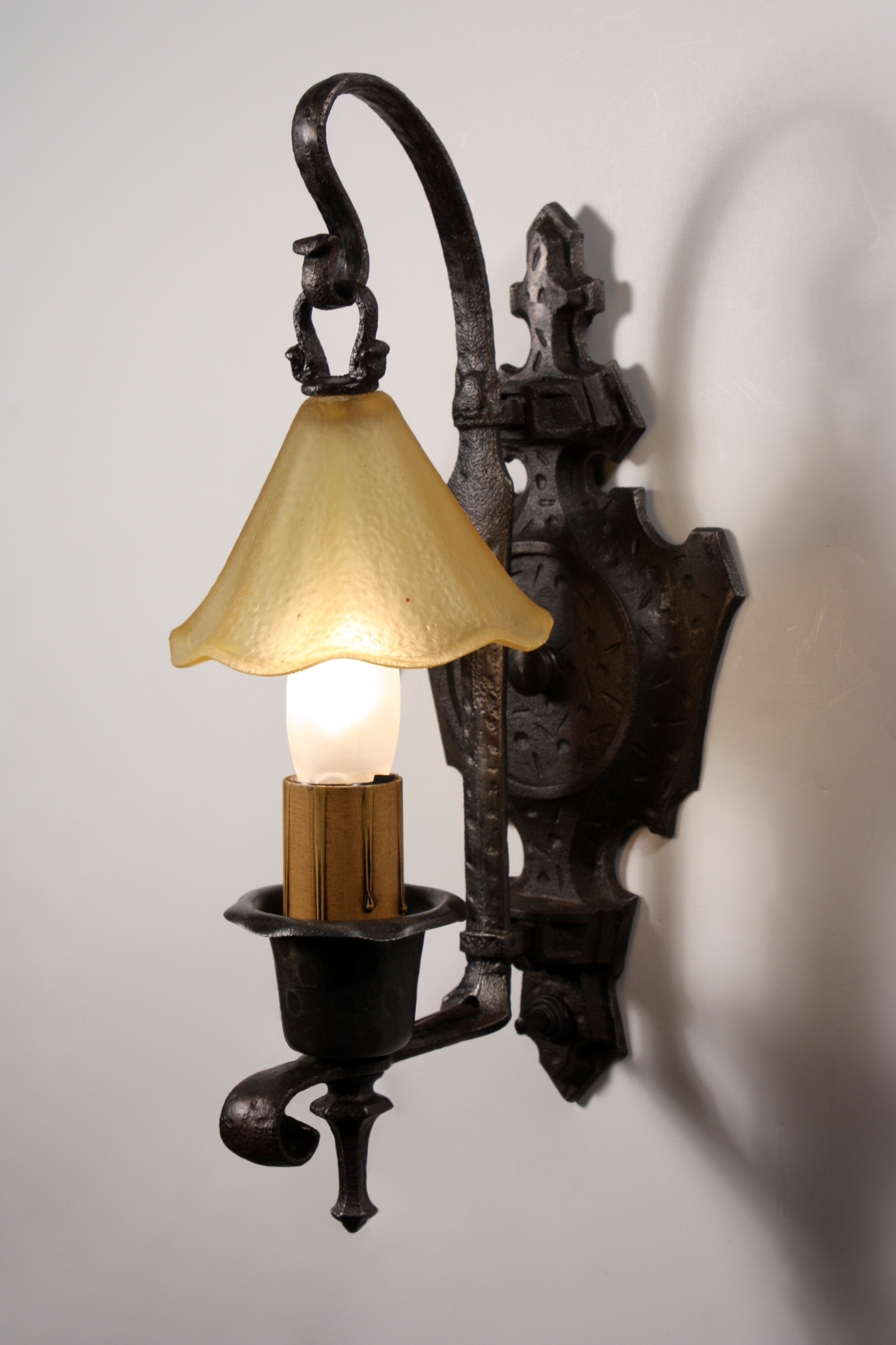 SOLD Remarkable Pair of Antique Single-Arm Cast Iron Sconces with Original Snuffer Shades-18754