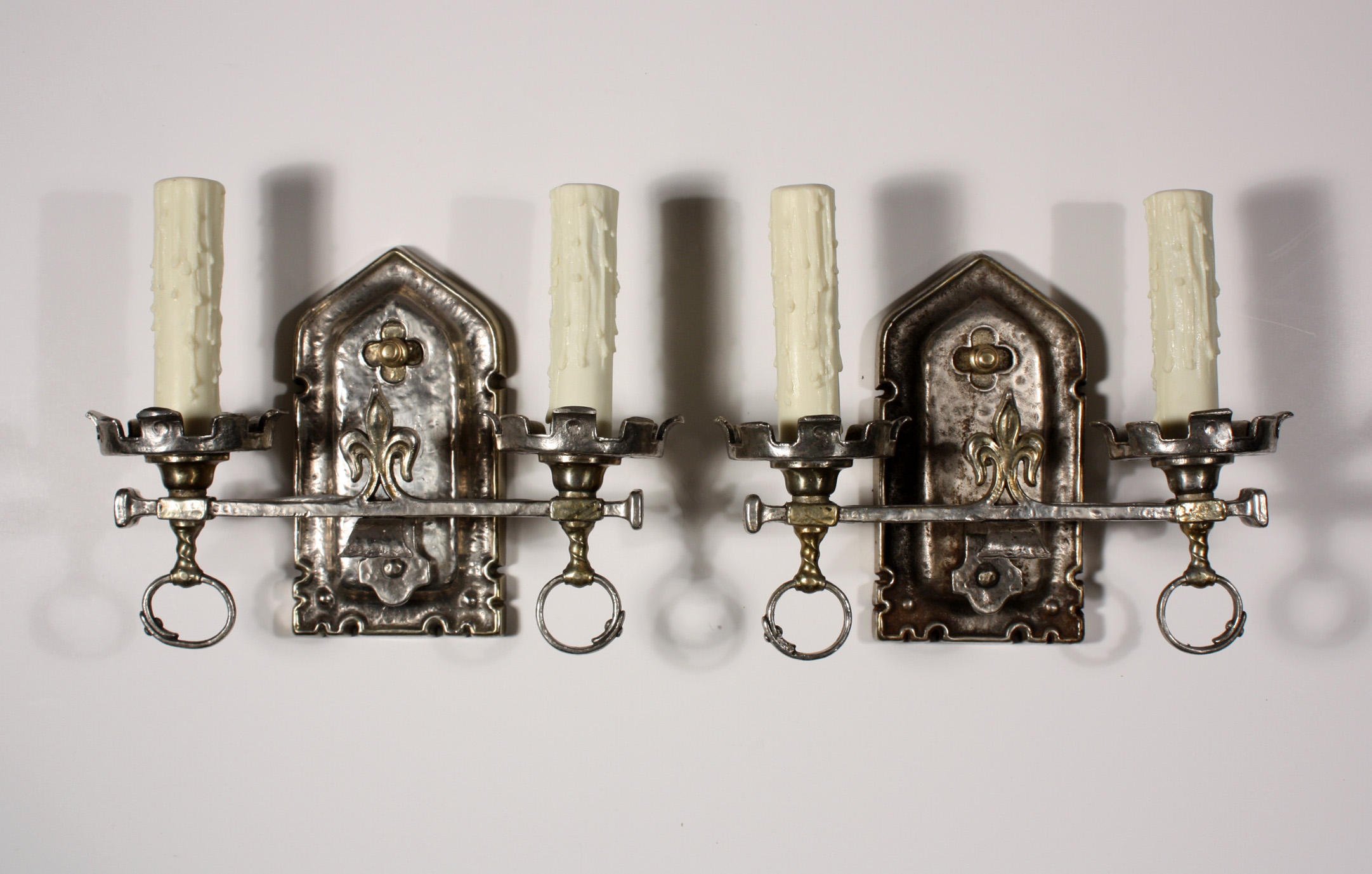 SOLD Wonderful Pair of Antique Tudor Double-Arm Nickel Plated Sconces, Fleur-de-Lis-0