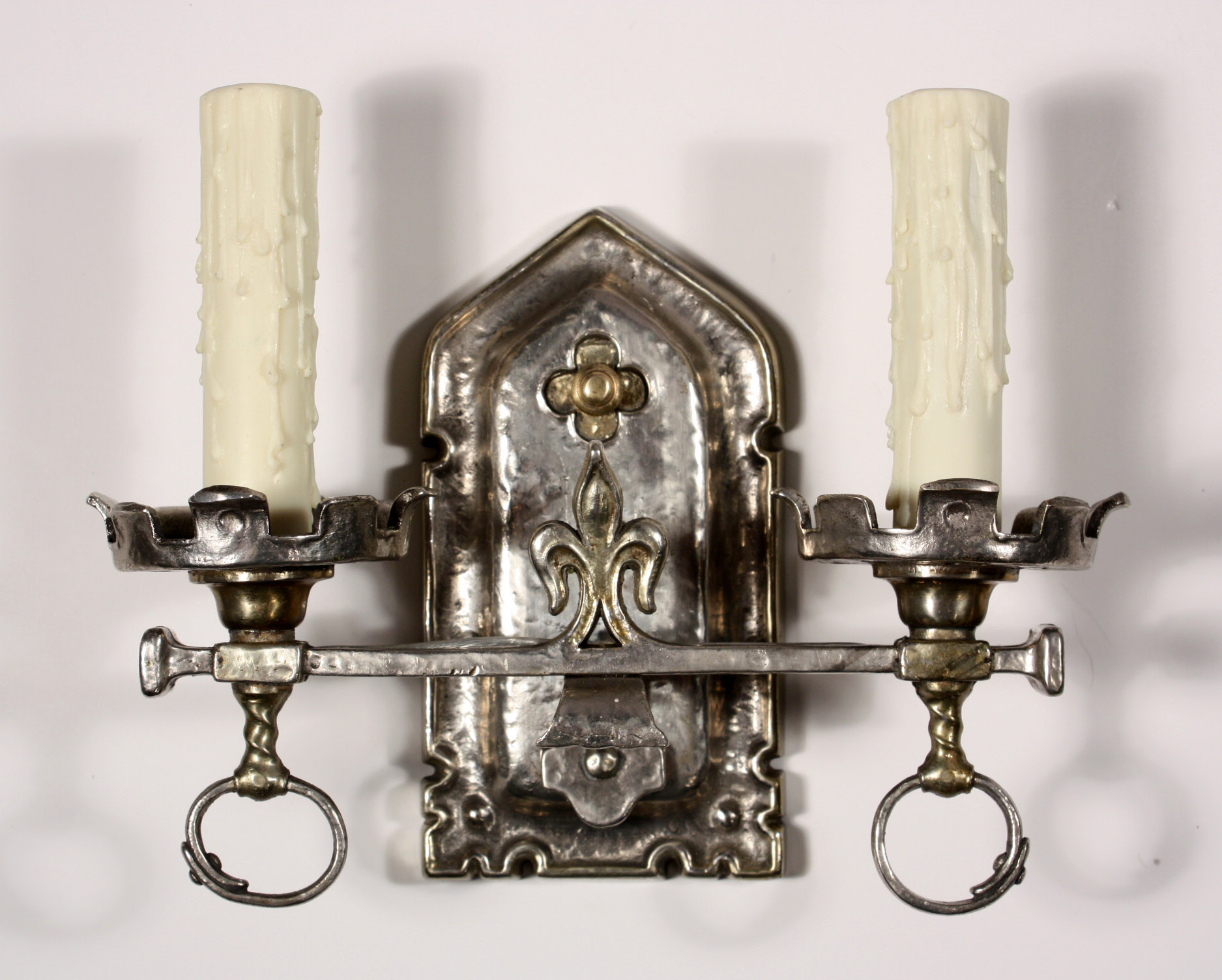 SOLD Wonderful Pair of Antique Tudor Double-Arm Nickel Plated Sconces, Fleur-de-Lis-18766