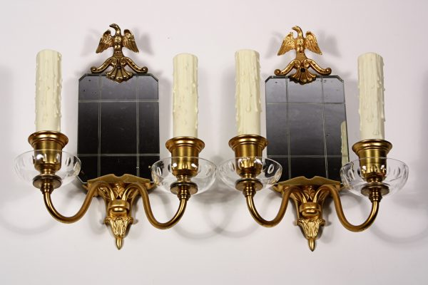 SOLD Amazing Pair of Antique Figural Gilded Bronze Mirrored Sconces, Eagle-0