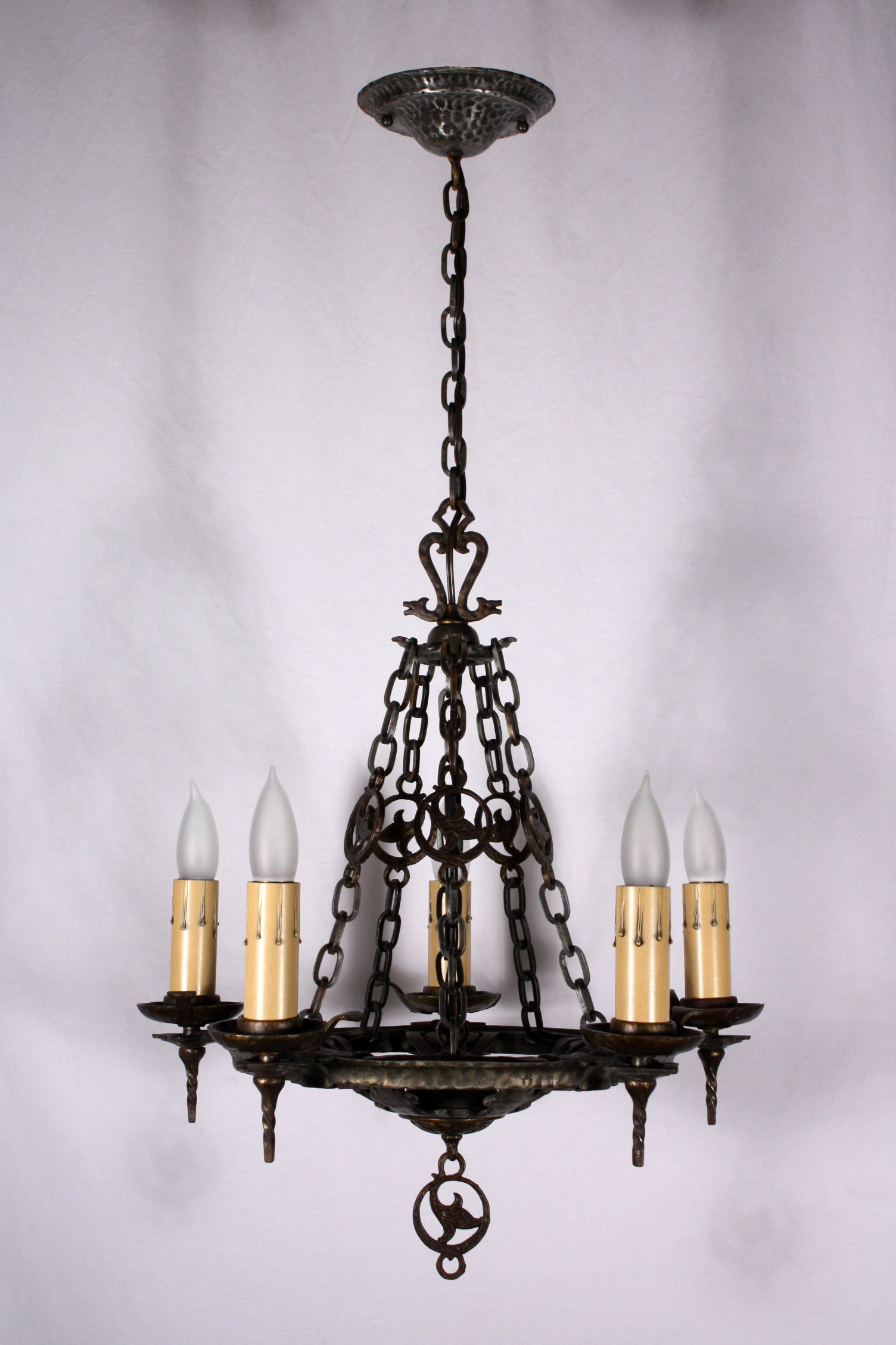 SOLD Striking Antique Five-Light Cast Iron Tudor Chandelier, Signed Virden-18789