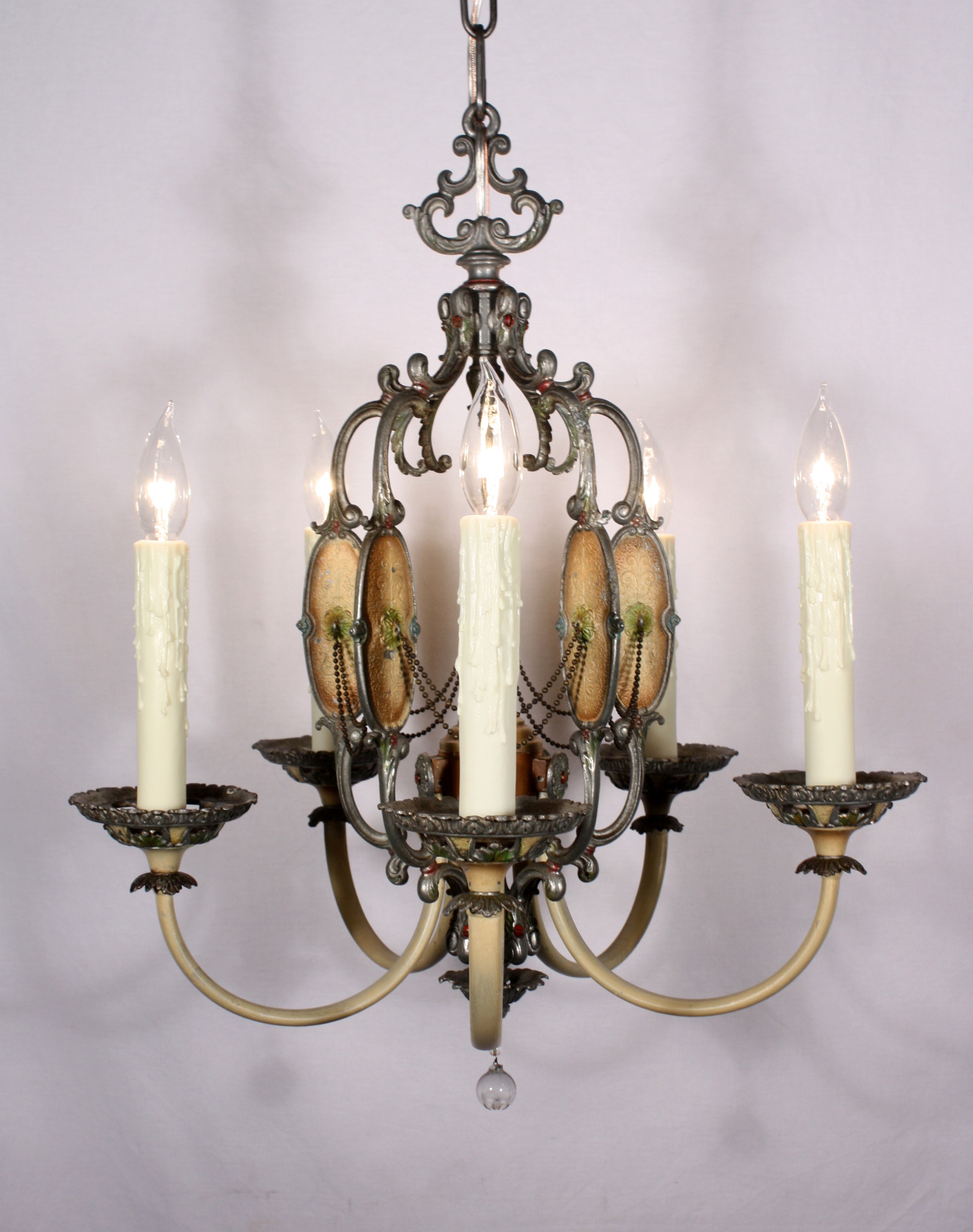 SOLD Amazing Antique Five-Light Chandelier, Original Polychrome Finish-18817