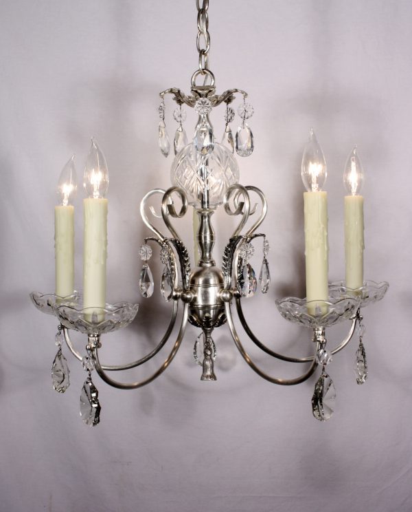 SOLD Superb Antique Georgian Silver Plated Chandelier with Crystal Prisms, c. 1910-0