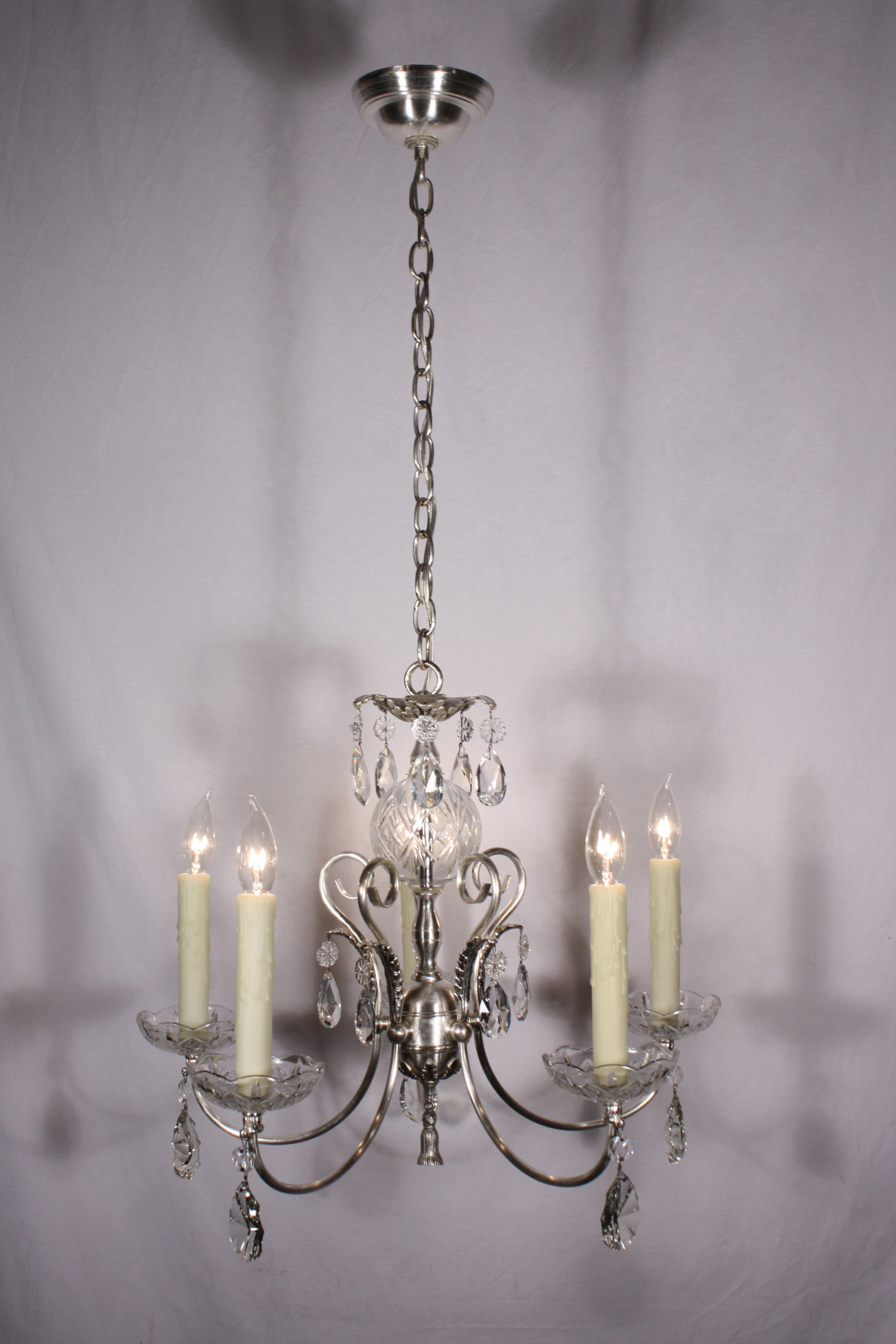 SOLD Superb Antique Georgian Silver Plated Chandelier with Crystal Prisms, c. 1910-18821