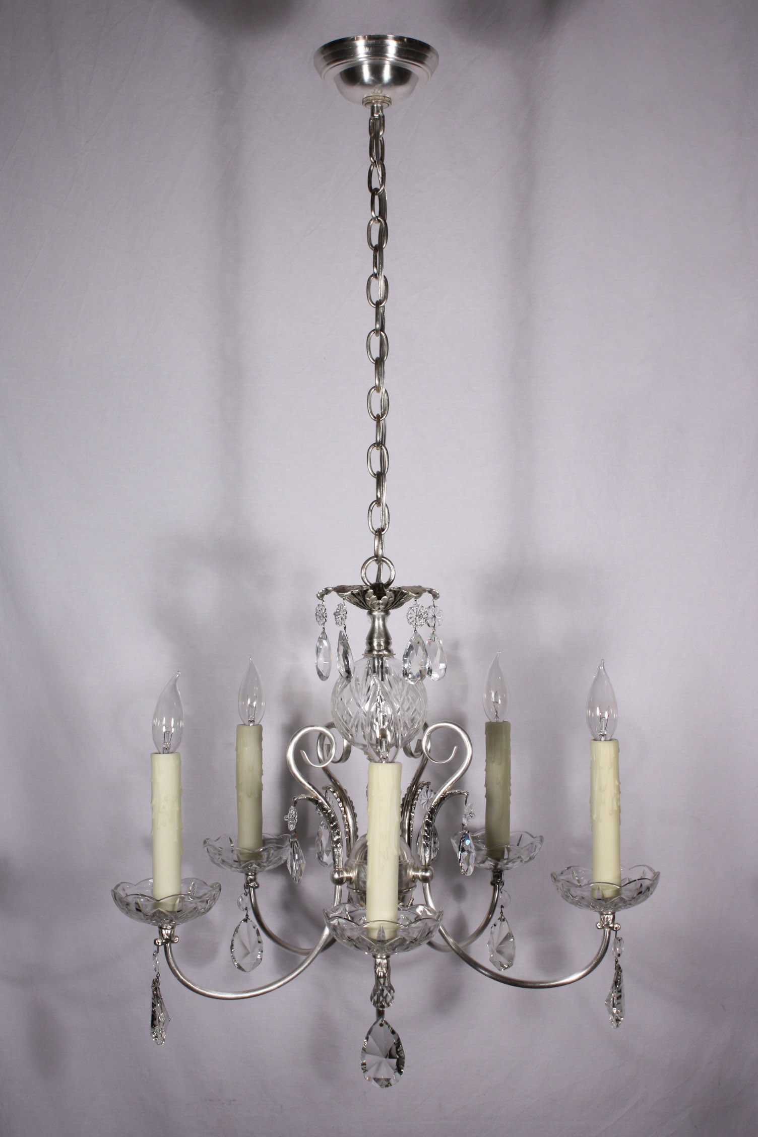 SOLD Superb Antique Georgian Silver Plated Chandelier with Crystal Prisms, c. 1910-18822