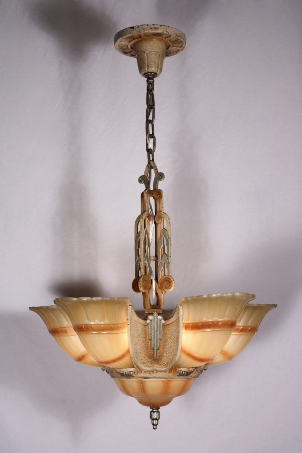 SOLD Fabulous Antique Six-Light Art Deco Slip Shade Chandelier-0