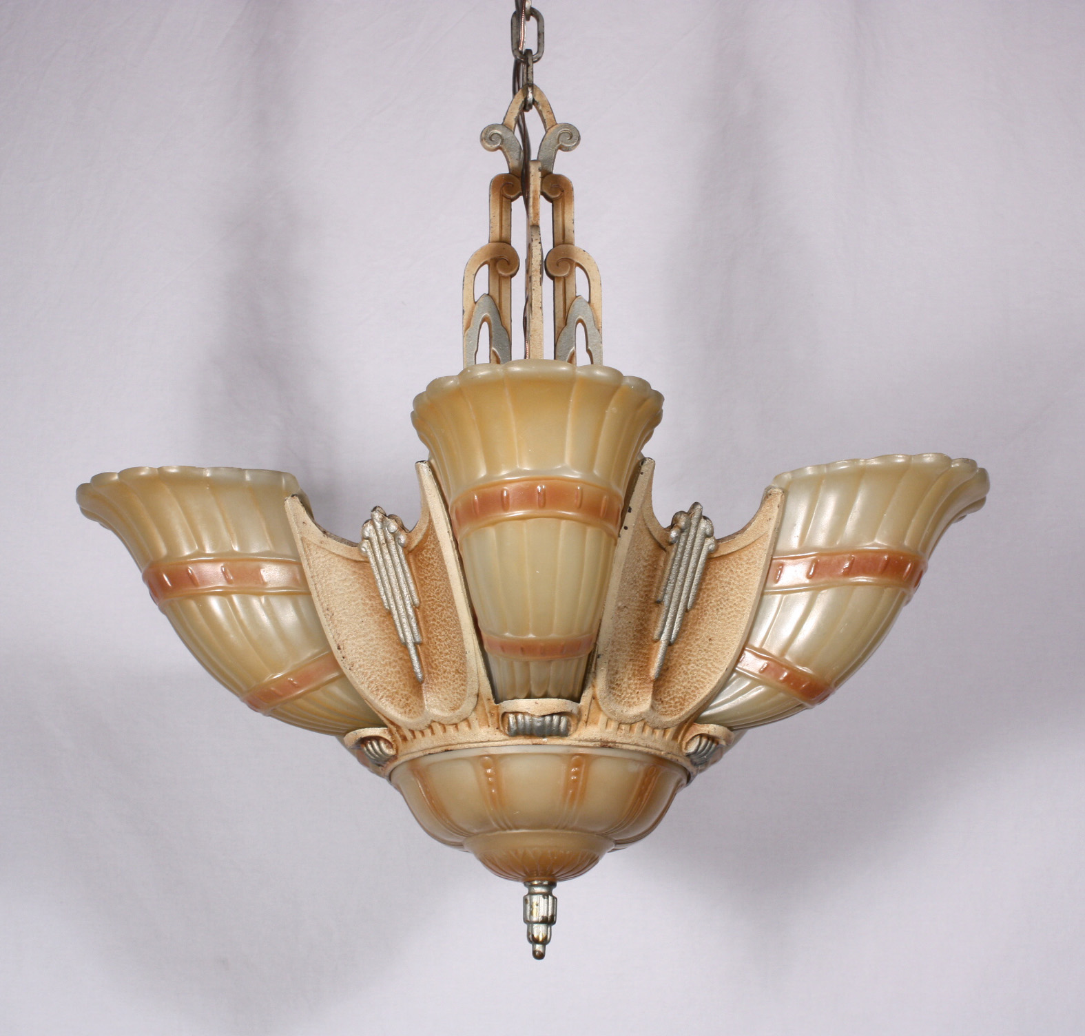 SOLD Fabulous Antique Six-Light Art Deco Slip Shade Chandelier-18858