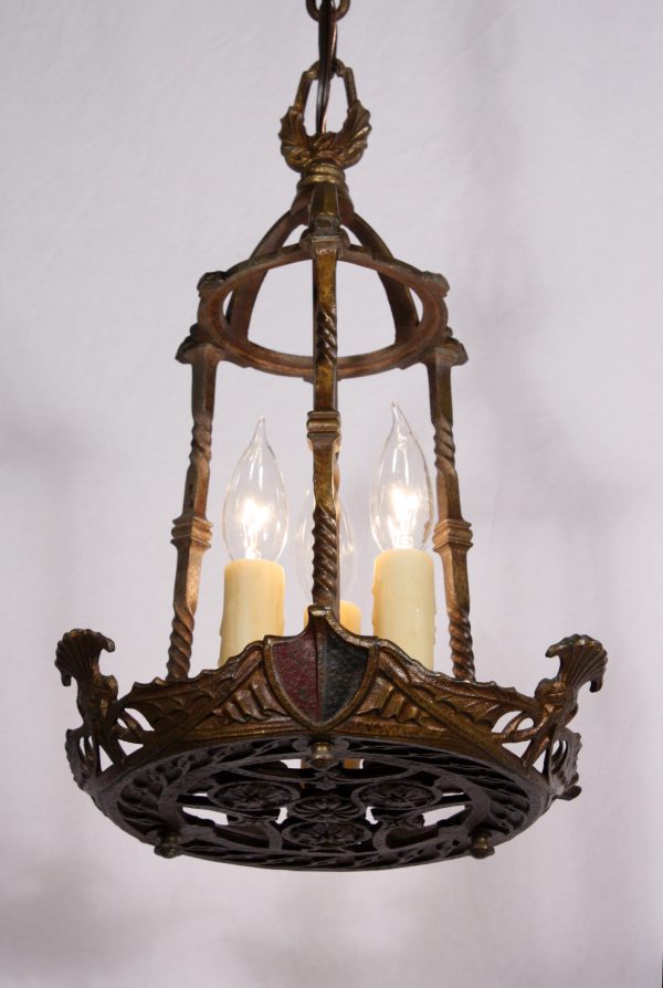 SOLD Striking Antique Three-Light Pendant with Shields-0