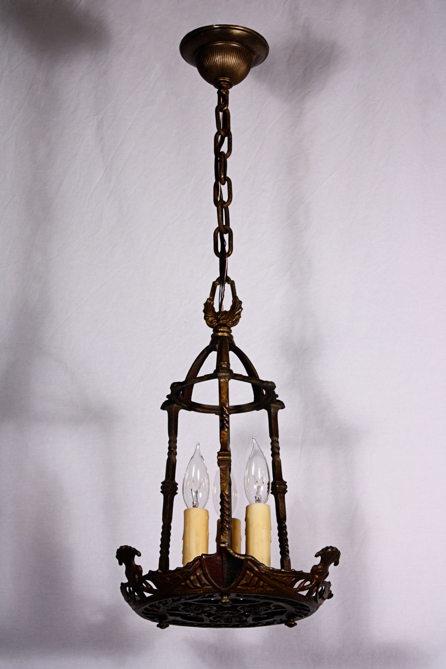SOLD Striking Antique Three-Light Pendant with Shields-18871