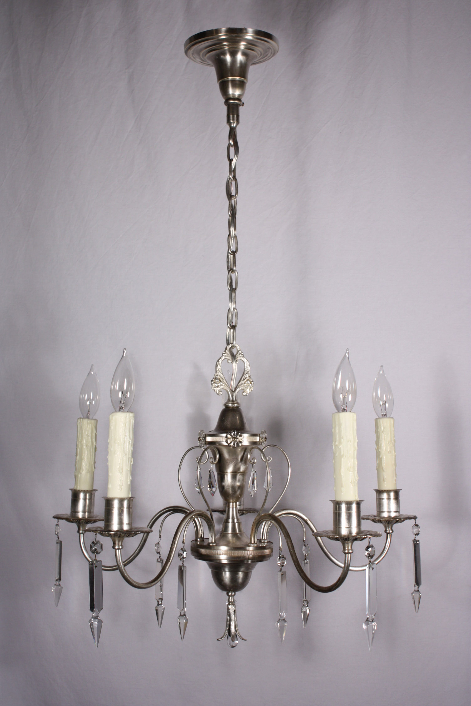 SOLD Gorgeous Antique Neoclassical Silver Plated Chandelier with Crystal-18881