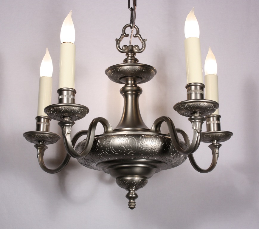 SOLD Wonderful Antique Georgian Five-Light Chandelier, Nickel, c. 1910-0