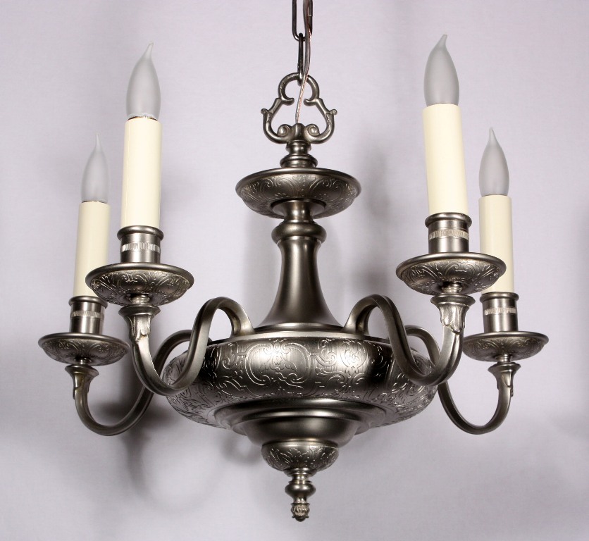 SOLD Wonderful Antique Georgian Five-Light Chandelier, Nickel, c. 1910-18908