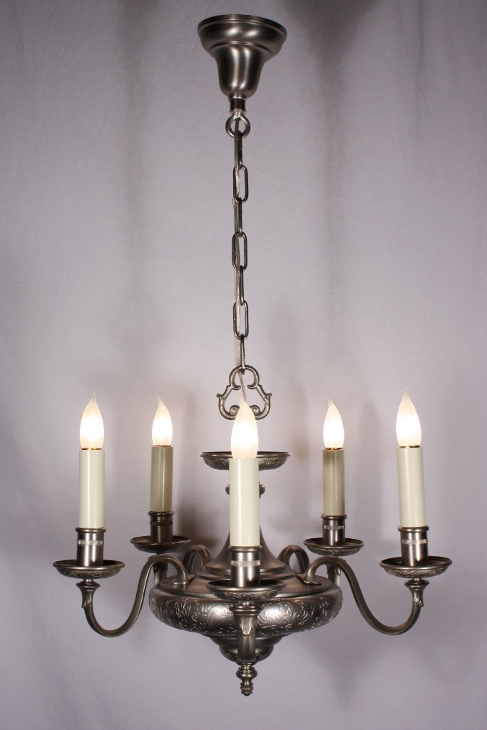 SOLD Wonderful Antique Georgian Five-Light Chandelier, Nickel, c. 1910-18909